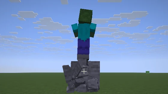 A broken stone block falling apart into pieces under a zombie, in a Minecraft world.