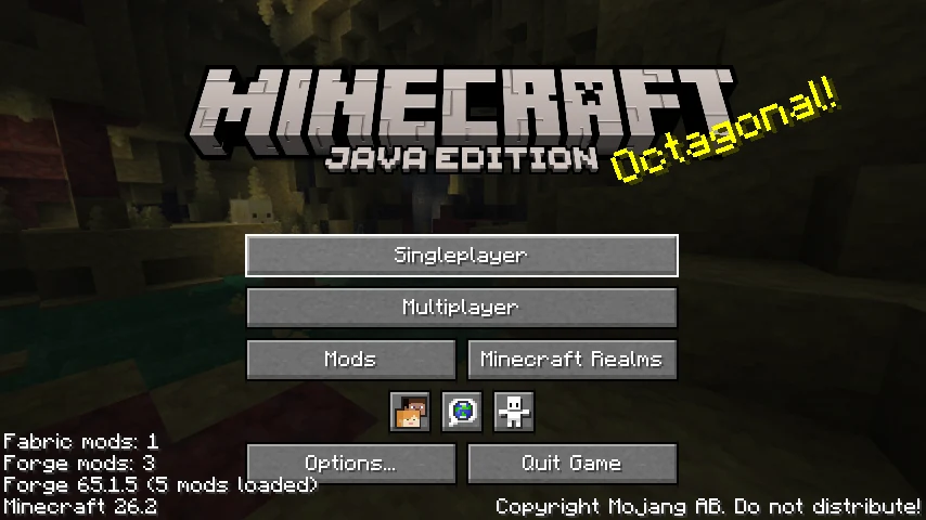 Minecraft 타이틀 화면. 왼쪽 아래에 "Fabric mods: 1", "Forge mods: 3" 줄이 있습니다.